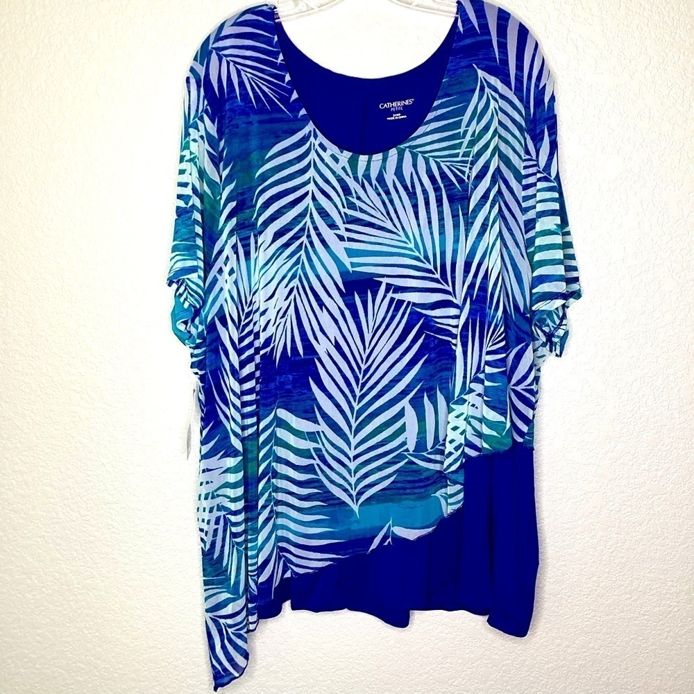 CATHERINES PLUS SIZE 3X 26 28 PETITE TOP BLUE TROPICAL BLOUSE BEACH VACATION